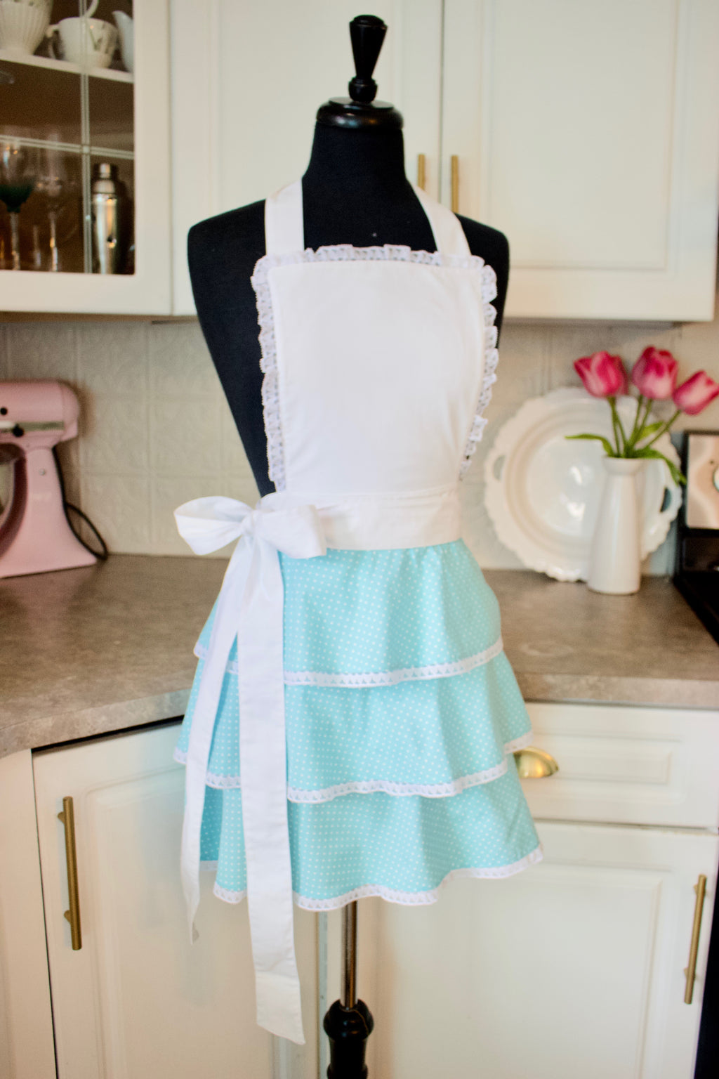 Sexy Ruffle Apron in Teal dots
