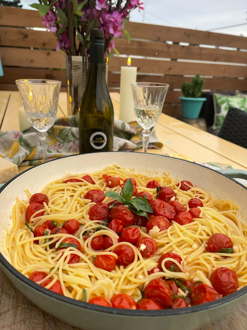 Blistered tomato white wine pasta