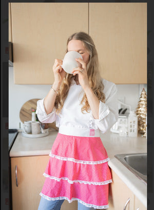 Charming Ruffled Apron with pink polka dots