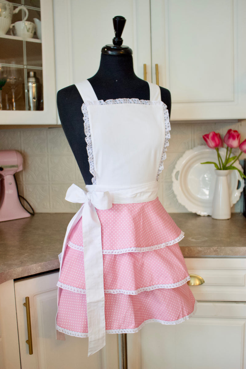 Sexy Ruffle Apron in pink dots