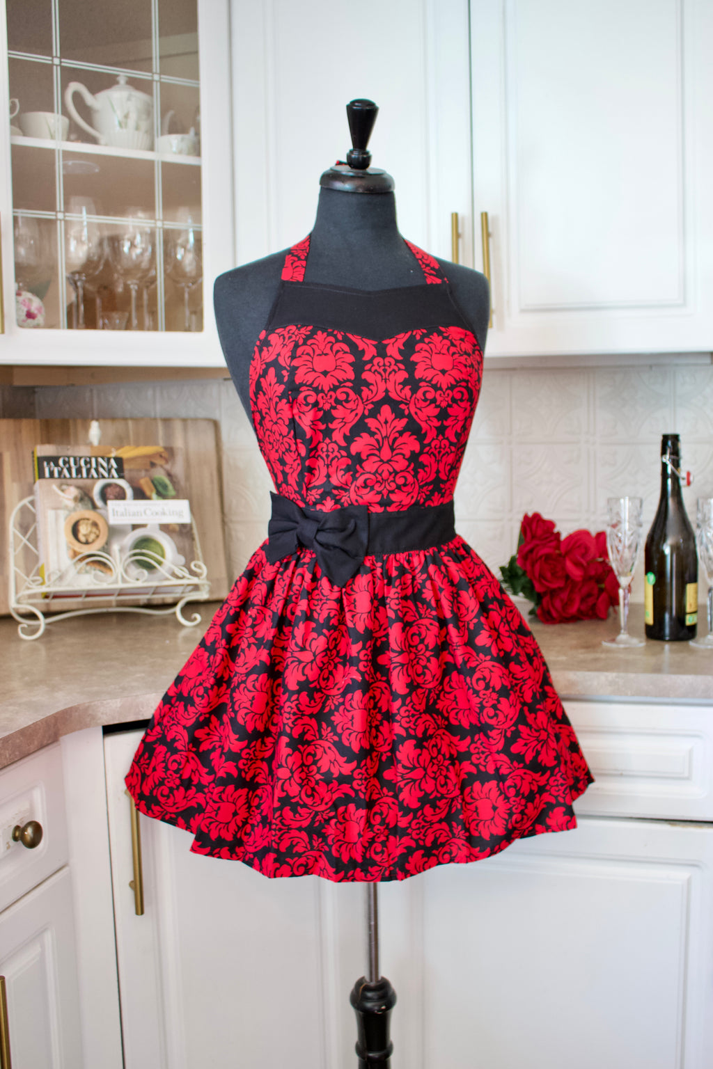 Party Girl ruby red damask apron
